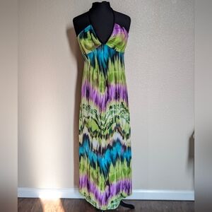 Kiwi Tie-Dye Maxi Halter Dress in Green, Purple, and Blue Size M
